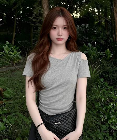 200그램 와 사고 방식 원본 이중층 것 회색 오프숄더 주름 허리 수축 반팔 티셔츠 여성 아름다운 맨위