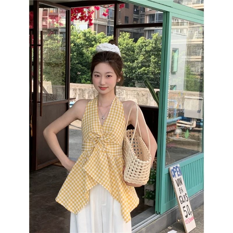 원본 원단 불규칙 배색 체크무늬 튜브탑 조끼 핫걸 바람 외출용 섹시함 민소매 맨위