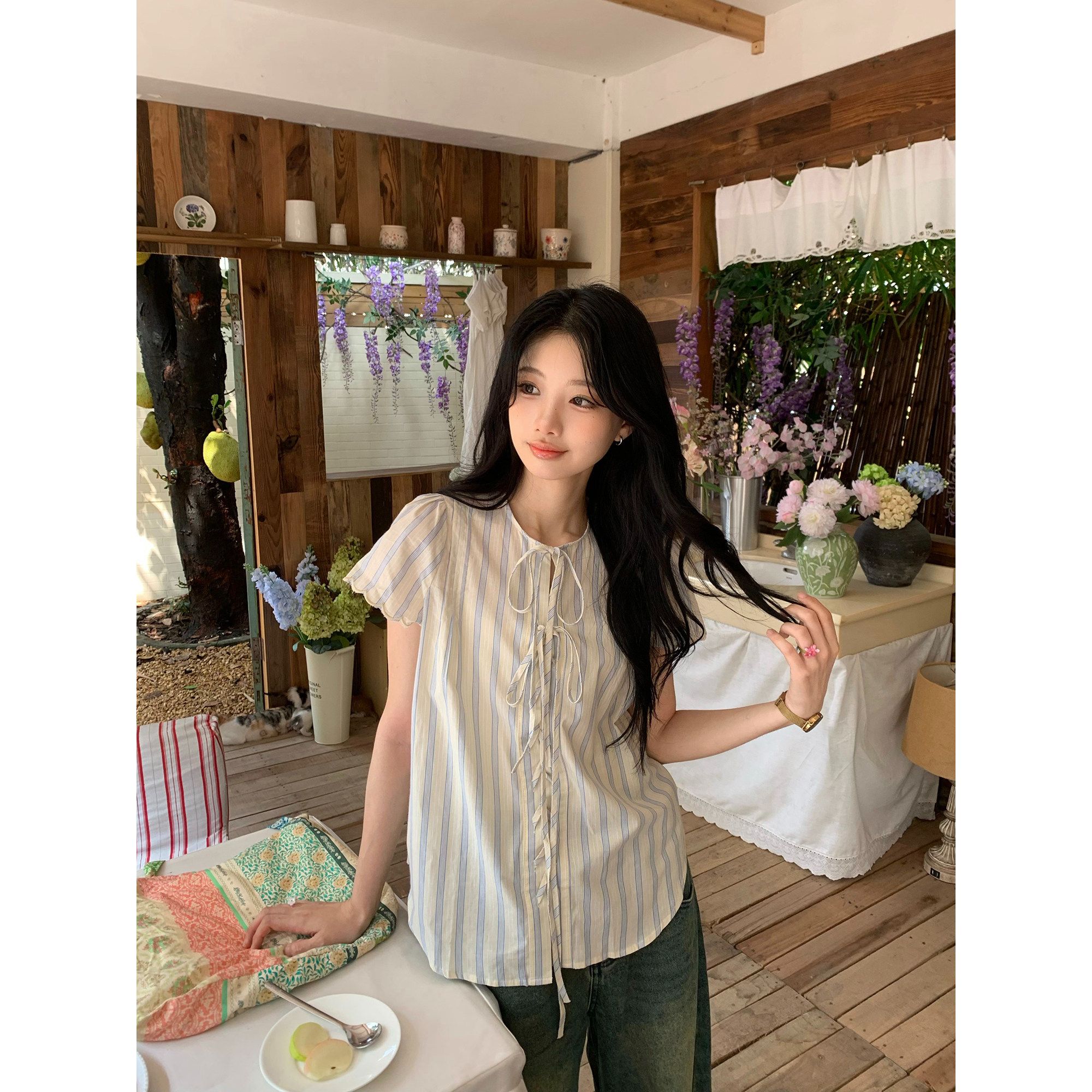 한 부서 스트라이프 반팔 여성 셔츠 여름 레이스 소매 레이스업 셔츠 루즈핏 캐주얼