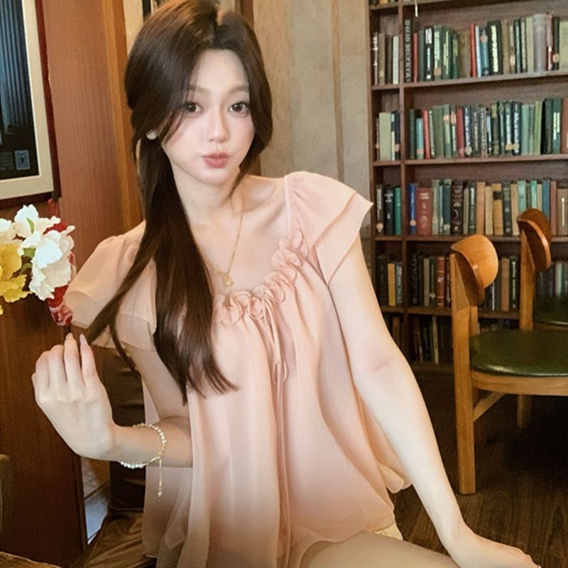 원본 원단 것 한 부서 품격 다용도 3 차원 레이스 작은 날다 소매 여성 셔츠 여름 새로운 루즈핏 맨위