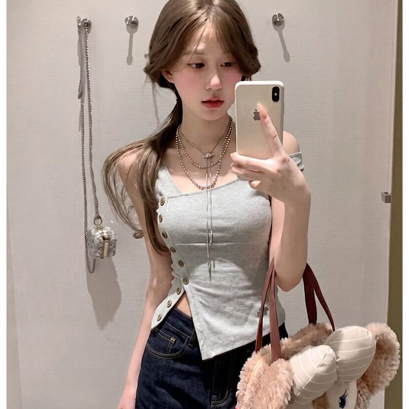 210 그램 좋은 면 Chic 자수 불규칙 쇼트 스타일 슬립 여성 여름 핫걸 바람 몸매 가꾸기 슬림해 보이는 허리 수축 조끼