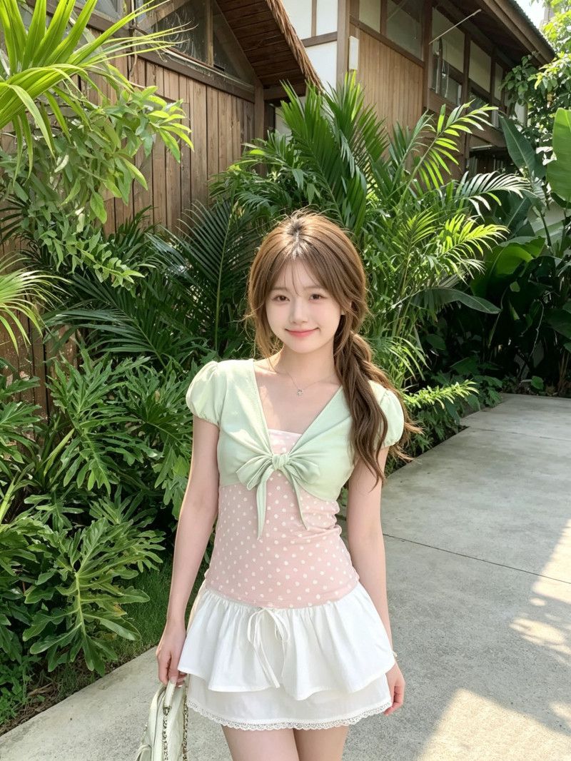 210 그램 좋은 면 Chic 페이크 레이어드 도트 무늬 반팔 티셔츠 여성 여름 디자인 센스 나비 매듭 스트랩 몸매 가꾸기 맨위