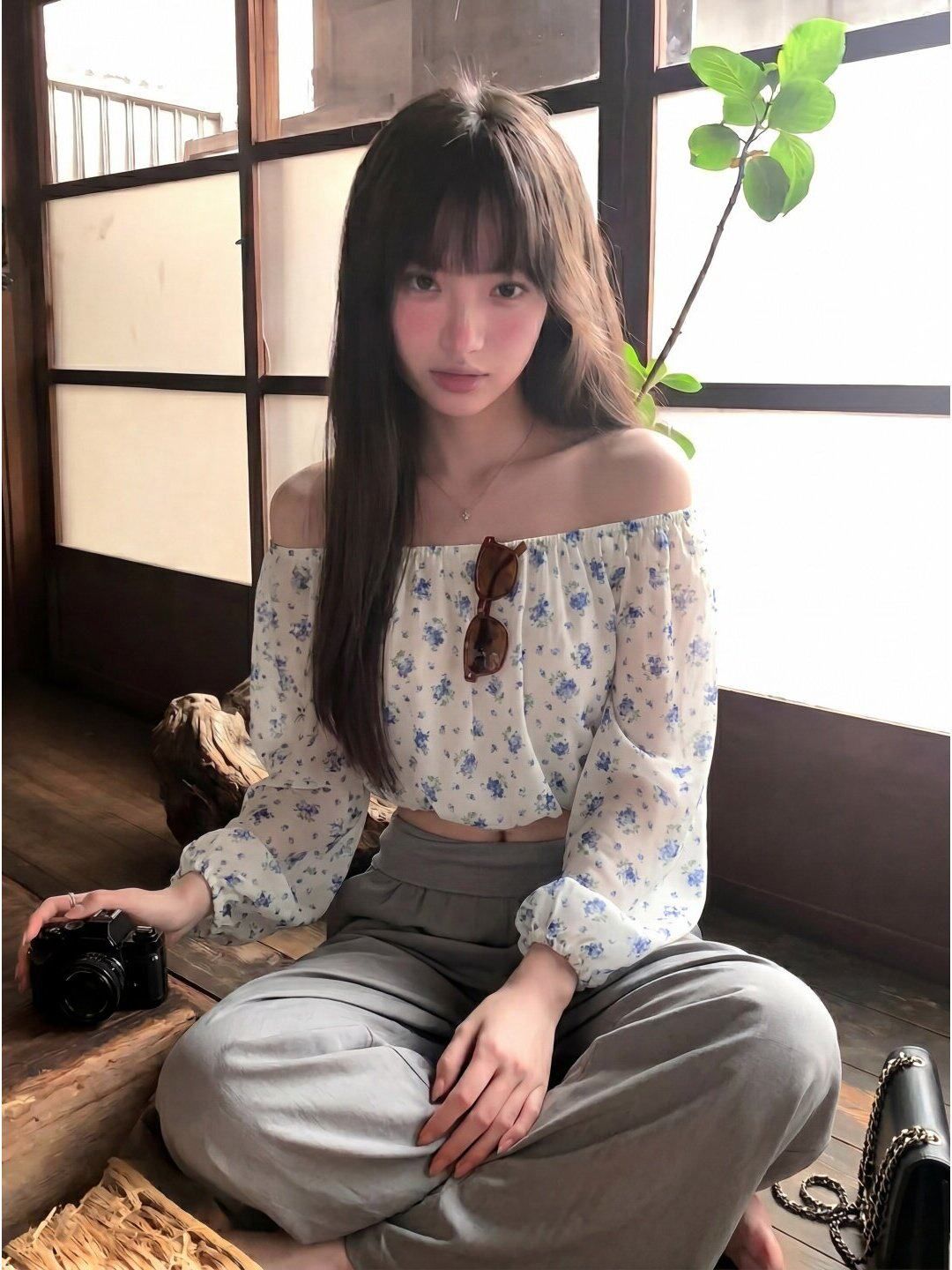 프랑스식 오프숄더 꽃무늬 벌룬 소매 쉬폰 여성 셔츠 여름 디자인 센스 작은 대중 품격 허리 수축 쇼트 스타일 맨위