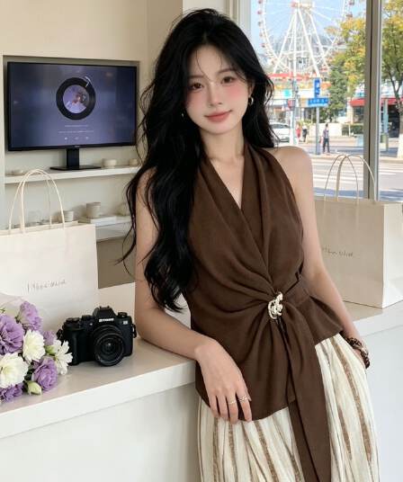 품격 행침 목 조끼 맨위 여성 여름 레트로 커피 색상 몸매 가꾸기 슬림해 보이는 디자인 센스 작은 대중 민소매 슬립