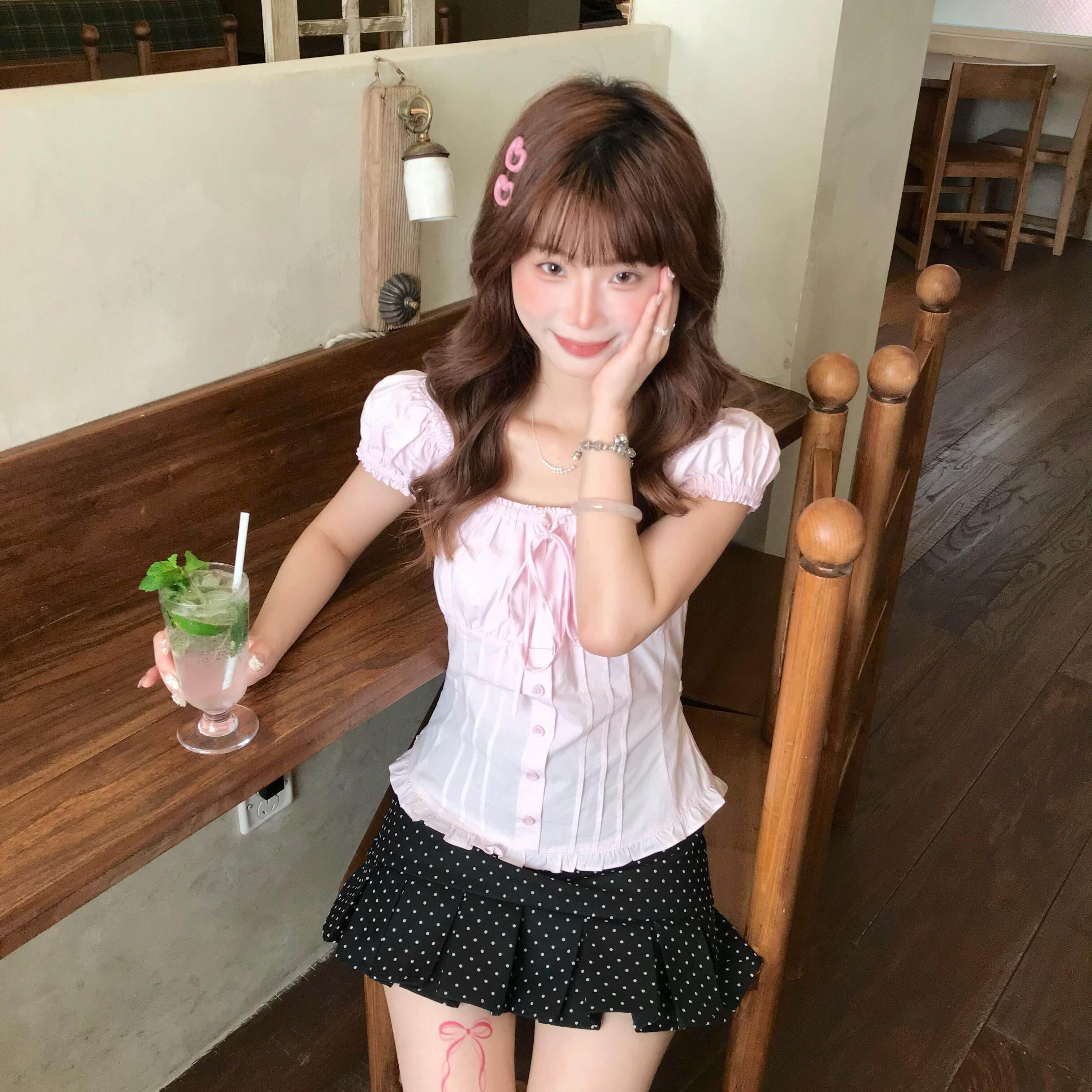 브로케이드 면 주름 원본 것 한 부서 소녀 센스 라이트 핑크 허리 수축 맨위 여성 달콤함 슬림해 보이는 다용도 외출용