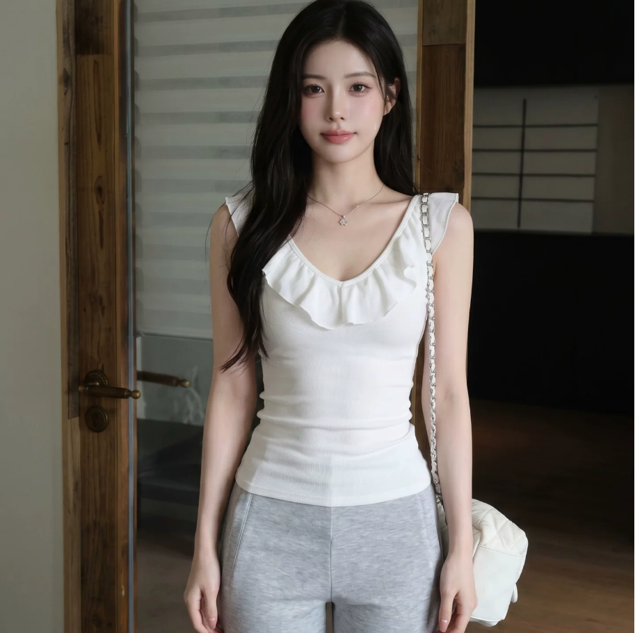 40 차가운 실크 코튼 싸움 쉬폰 순수한 욕망 연꽃 잎 여성 여름 오프숄더 디자인 센스 몸매 가꾸기 슬림해 보이는 티셔츠 맨위