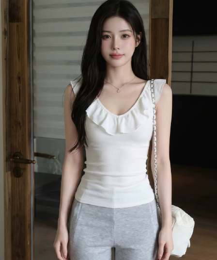 40 차가운 실크 코튼 싸움 쉬폰 순수한 욕망 연꽃 잎 여성 여름 오프숄더 디자인 센스 몸매 가꾸기 슬림해 보이는 티셔츠 맨위