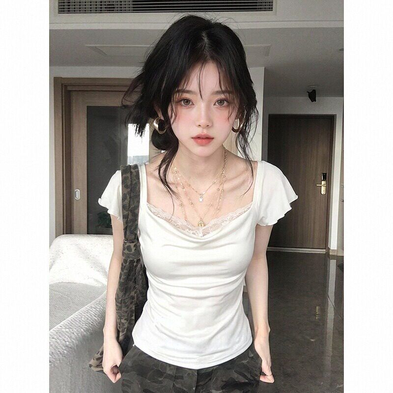 페이크 레이어드 레이스 흔들다 칼라 반팔 여성 여름 핫걸 바람 허리 수축 긍정적 인 어깨 티셔츠 몸매 가꾸기 디스플레이 얇고 작은 날다 소매 맨위