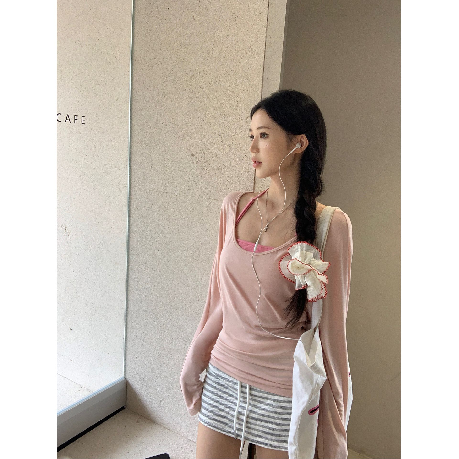 사람들 면 달콤한 스타일 얇은 스타일 자외선 차단 블라우스 티셔츠 여성 의류 여름 스택 착용 행침 목 캐미솔 투피스 세트