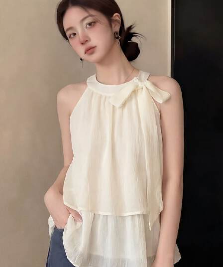 부드러운 바람 민소매 리본 행침 목 조끼 시폰 셔츠 여성 여름 청 순수한 시스템 착용 가져 가라. 느슨함 센스 맨위