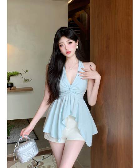 원본 것 프랑스식 불규칙 V넥 슬립 여성 여름 외출용 달콤한 매운맛 행침 목 비틀림 조끼