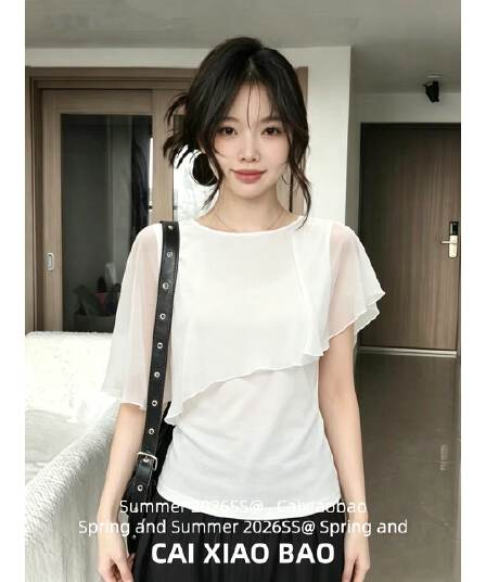휴가 바람 비스듬한 어깨 품격 데이트 망토 쉬폰 반팔 맨위 여성 여름 불규칙 화이트 반팔 티셔츠