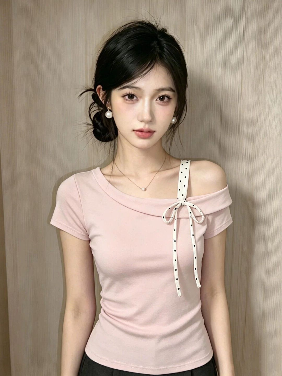 경관 그림 40 순면 평직 핑크색 나비 넥타이 비스듬한 어깨 반팔 티셔츠 몸매 가꾸기 허리 수축 자이언트 잘 생긴