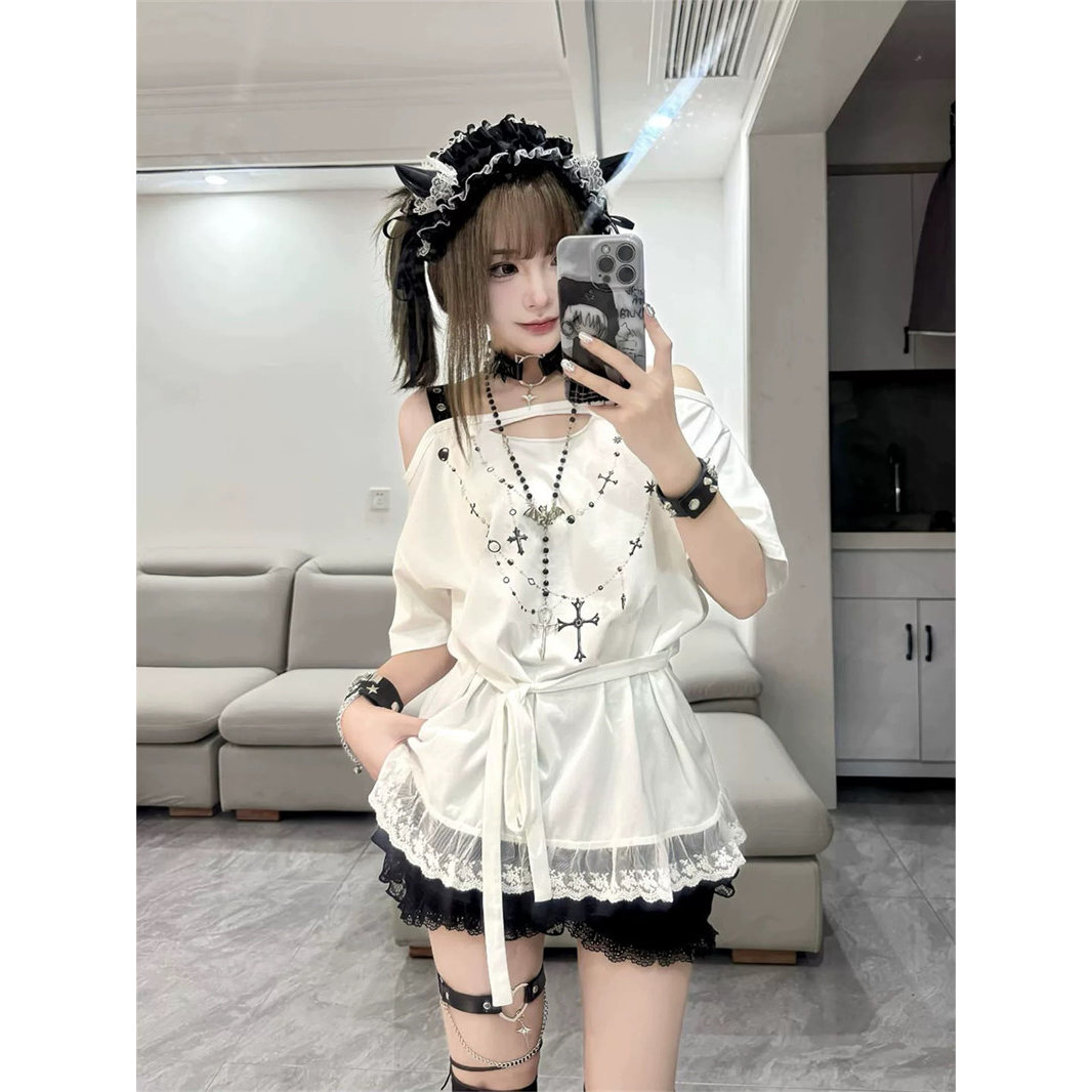 순면 슈퍼 쿨 면 y2k 핫걸 오프숄더 스트랩 반팔 티셔츠 이문화 레이스 오프숄더 슬립