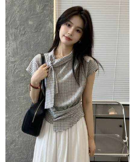 프랑스식 자이언트 잘 생긴 ~ 중 체크무늬 레이스업 꼬집기 허리 위로 의류 여성 2026 여름 새로운 반팔 작은 셔츠 디자인 센스 작은 대중