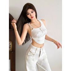 批发性感辣妹风小众<b class='q'>街头</b>不规则扭结印花露脐短款单肩吊带背心