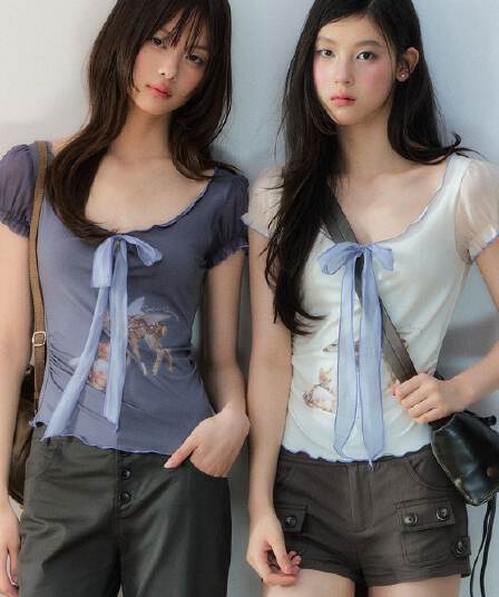 라이 경기 서울 한 부서 레트로 패치워크 작은 사슴 프린트 리본 작은 대중 핫걸 허리 수축 티셔츠 맨위 여성 여름 반팔