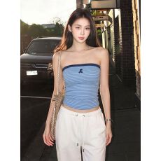 批发仿棉色织条】 蓝白条纹新款弹力抹胸少女感修身露肩百搭海边上衣