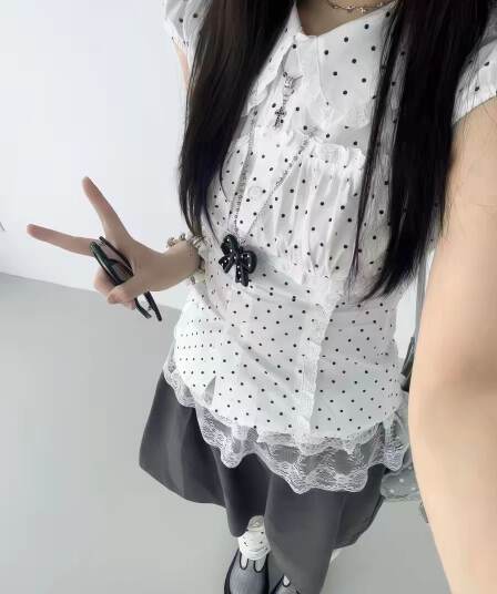 원본 원단 솜씨 한 부서 순수한 욕망 연령 감소 베이비 칼라 도트 무늬 품격 반팔 여성 셔츠