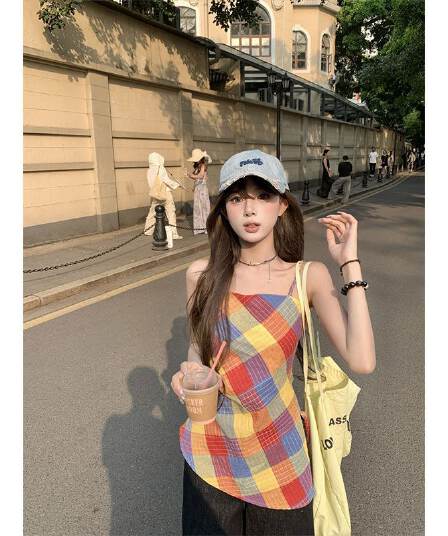 원본 품질 달콤한 핫걸 색상 체크무늬 캐미솔 여름 불규칙 허리 수축 chic 맨위