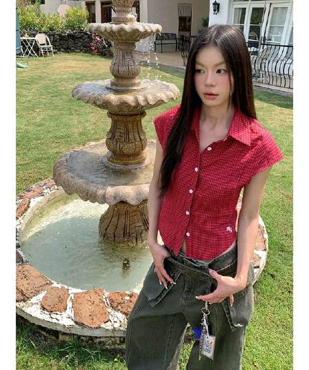 경관 그림 원본 품질 폴로 칼라 Feifei 소매 스트라이프 반팔 셔츠 허리 수축 맨위