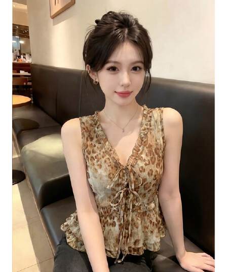 핫걸 V넥 민소매 레오파드 무늬 조끼 여성 여름 통기성 얇은 스타일 루즈핏 슬림해 보이는 프릴 민소매 맨위