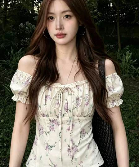 프랑스식 달콤함 꽃무늬 거품 소매 광장 칼라 반팔 여성 셔츠 여름 몸매 가꾸기 슬림해 보이는 허리 수축 작은 셔츠 레이스업 맨위