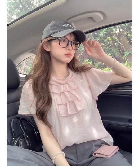 원본 원단 순수한 욕망 바람 핑크색 리본 연령 감소 반팔 여성 셔츠 여름 새로운 디자인 센스 루즈핏 슬림해 보이는 맨위