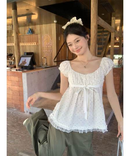 한 부서 달콤한 스타일 도트 무늬 레이스 거품 소매 티셔츠 여름 레이스업 허리 수축 연령 감소 슬림해 보이는 품격 화이트 맨위