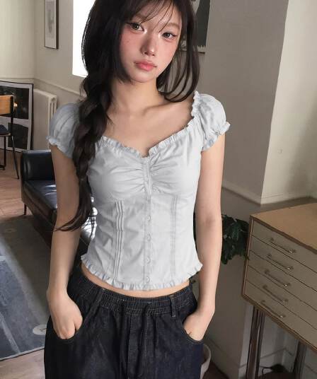 프랑스식 프릴 광장 칼라 거품 소매 셔츠 반팔 티셔츠 여성 여름 품격 작은 셔츠 몸매 가꾸기 쇼트 스타일 허리 수축 맨위