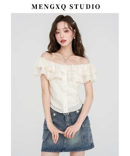 몽골 작은 SEVEN 프랑스식 품격 오프숄더 반팔 여성 셔츠 여름 부드러운 프릴 셔츠 오프숄더 쉬폰 톱