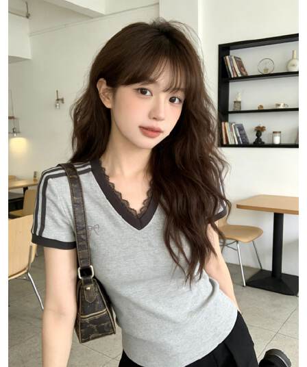 260 그램 사람들 면 레이스 레이스 V넥 반팔 티셔츠 여성 여름 새로운 긍정적 인 어깨 스트라이프 몸매 가꾸기 디스플레이 얇고 작은 맨위