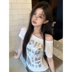 批发40支纯棉+烫钻】美式字母印花斜肩短袖T恤<b class='q'>女</b>夏<b class='q'>修身</b>显瘦辣妹风上衣