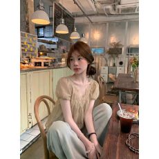 批发<b class='q'>V领</b>泡泡袖短袖女夏季宽松甜美简约氛围感法式蕾丝边拼接小众上衣