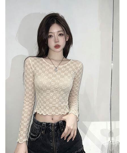 섹시함 핫걸 시스루 홀로우 아웃 몸매 가꾸기 긴팔 망사 티셔츠 여성 여름 디자인 센스 얇은 스타일 자외선 차단 맨위