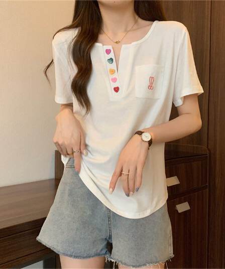 원본 원단 빅 사이즈 지방 mm 반팔 티셔츠 여성 주머니 자수 POLO 셔츠 곡선 밑단