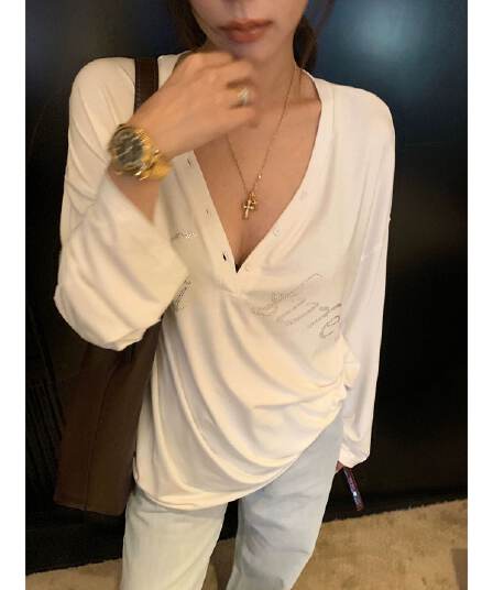 지금 원본 것 알파벳 핫픽스 V넥 루즈핏 긴팔 자외선 차단 티셔츠 여성 셔츠
