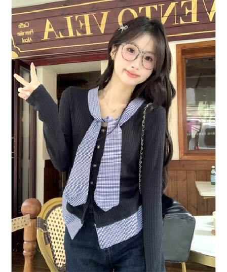 한 부서 학원 스타일 품격 달콤함 체크무늬 패치워크 페이크 레이어드 디자인 센스 몸매 가꾸기 슬림해 보이는 아름다운 외국 가스 맨위 여성