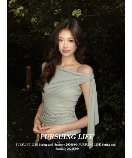 한 부서 망사 패치워크 비스듬한 어깨 티셔츠 여성 여름 착용 가져 가라. 순수한 욕망 바람 리본 허리 수축 반팔 고유 한 품격 맨위