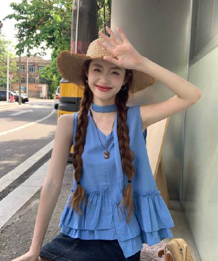 원본 원단 한 부서 V넥 조끼 여성 여름 달콤함 불규칙 프릴 슬림해 보이는 연령 감소 외출용 맨위 ins