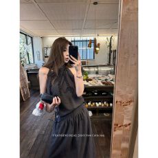 批发优质质量套装灰色气质无袖背心宽松上衣女夏抽绳a字半身裙两件套