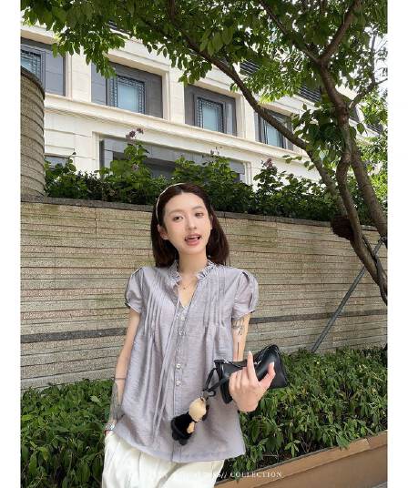 원본 원단 프릴 거품 소매 셔츠 여름 프랑스식 고급 센스 품격 루즈핏 슬림해 보이는 다용도 작은 셔츠
