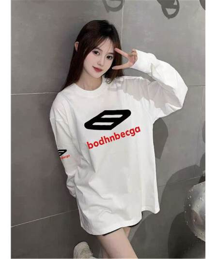폭발 200그램 순면 플러그 루오 모방 당겨서 어깨 테두리 프린트 루즈핏 만나는 긴팔 티셔츠 여성