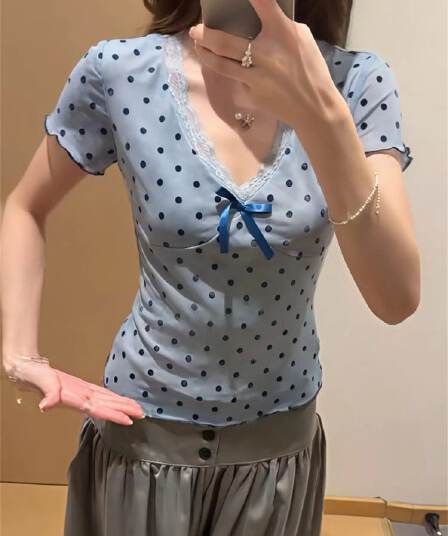 이중층 메시 원단 식물 플러시 한 부서 도트 무늬 레이스 V넥 짧은 티셔츠 여성 여름 몸매 가꾸기 슬림해 보이는 나비 매듭 맨위