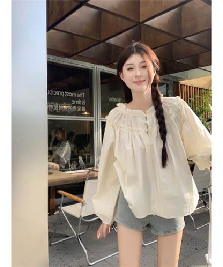 2026 가을 새로운 라운드 넥 프릴 긴팔 여성 셔츠 다용도 루즈핏 프랑스식 달콤함 디자인 센스 셔츠