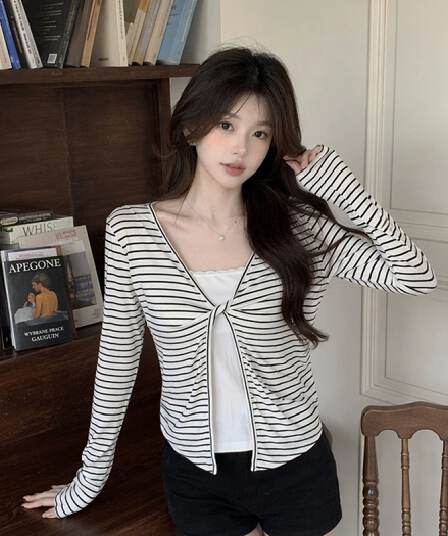 주간 실크 리브 삽입 색상 사람들 면 이른 가을 페이크 레이어드 긴팔 티셔츠 여성 몸매 가꾸기 슬림해 보이는 맨위