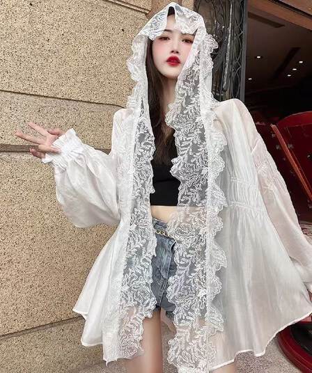 화이트 레이스 후드 자외선 차단 의류 여성 여름 얇은 스타일 고급 센스 품격 루즈핏 달콤함 오픈 가디건 자외선 차단 외투