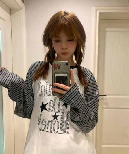 원본 눈꽃 면 컬러 짜임 스트라이프 패치워크 긴팔 티셔츠 생방송 품질