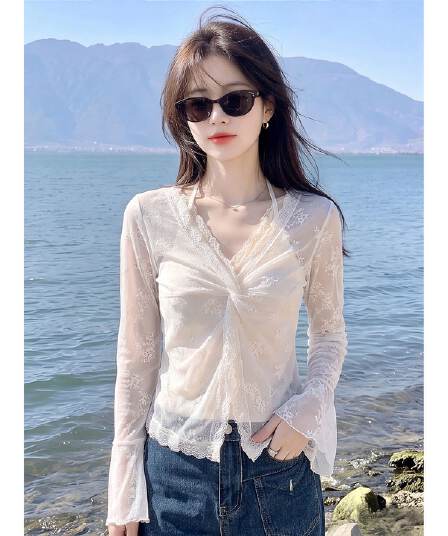 순수한 욕망 섹시함 레이스 자카드 시스루 인사이드 가져 가라. 행침 목 슬립 긴팔 여성 셔츠 여름 새로운 그레이트 봐. 의류