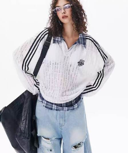 광저우 원본 원단 레트로 봄 가을 홀로우 아웃 긴팔 맨위 체크무늬 패치워크 페이크 레이어드 polo 웨이 여성 의류